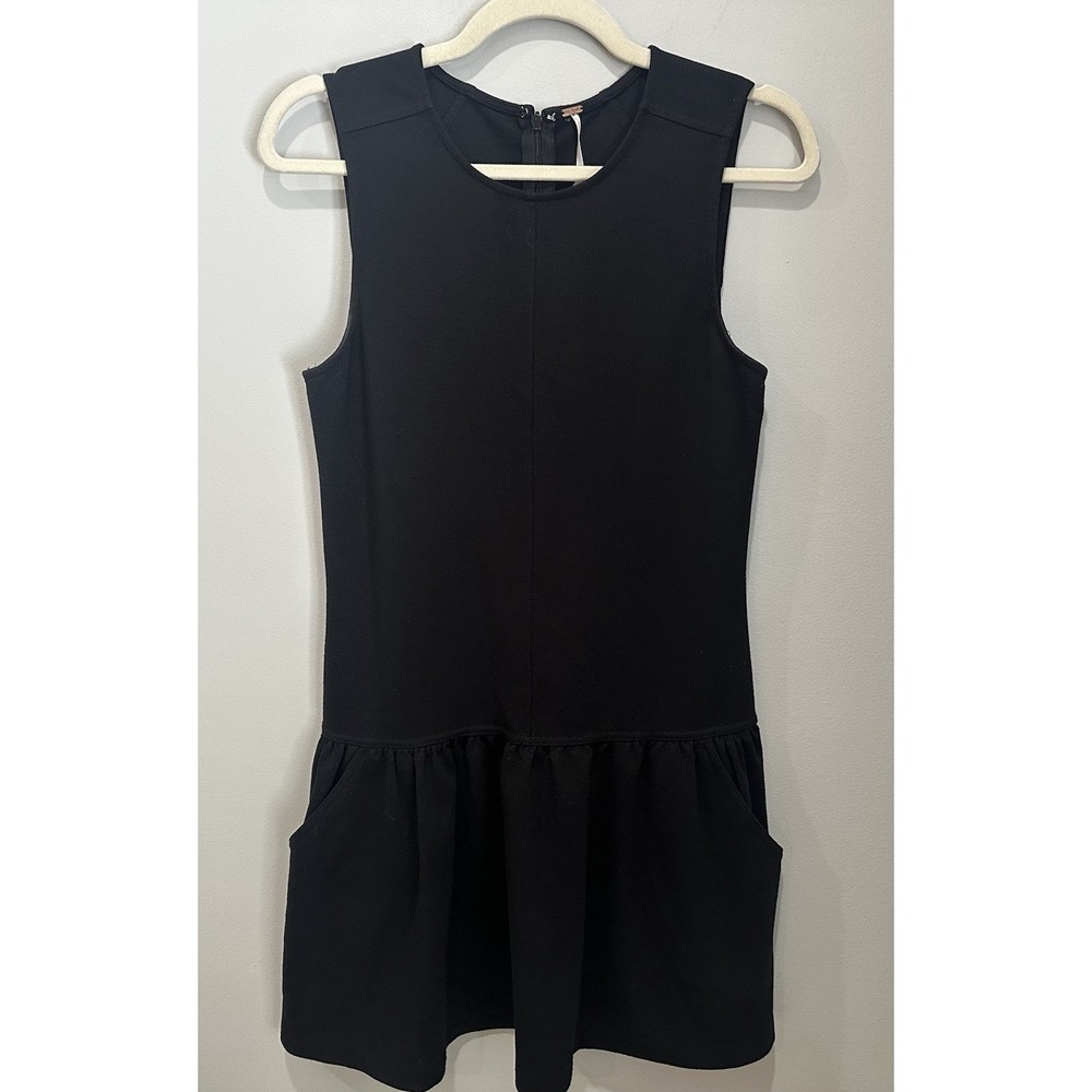 Free People Black Drop Waist Mini Dress Pockets Quiet Luxury Coquette Small NWT